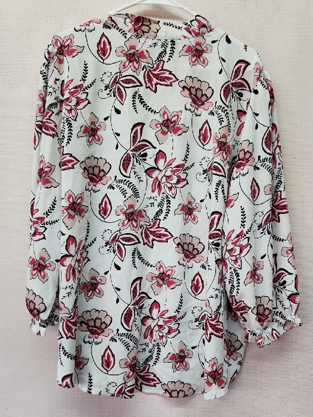 Rue Rose White Floral Tie-Neck Blouse with Pink Accents - Picture 4 of 4